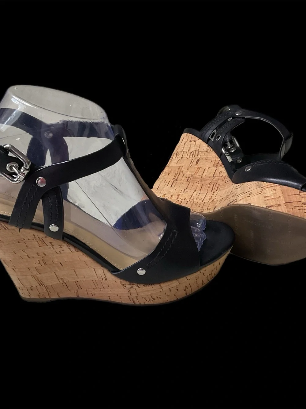 Marc Fisher Black Leather 5” Cork Platform Wedge Sandals Buckle Ankle Strap Boho